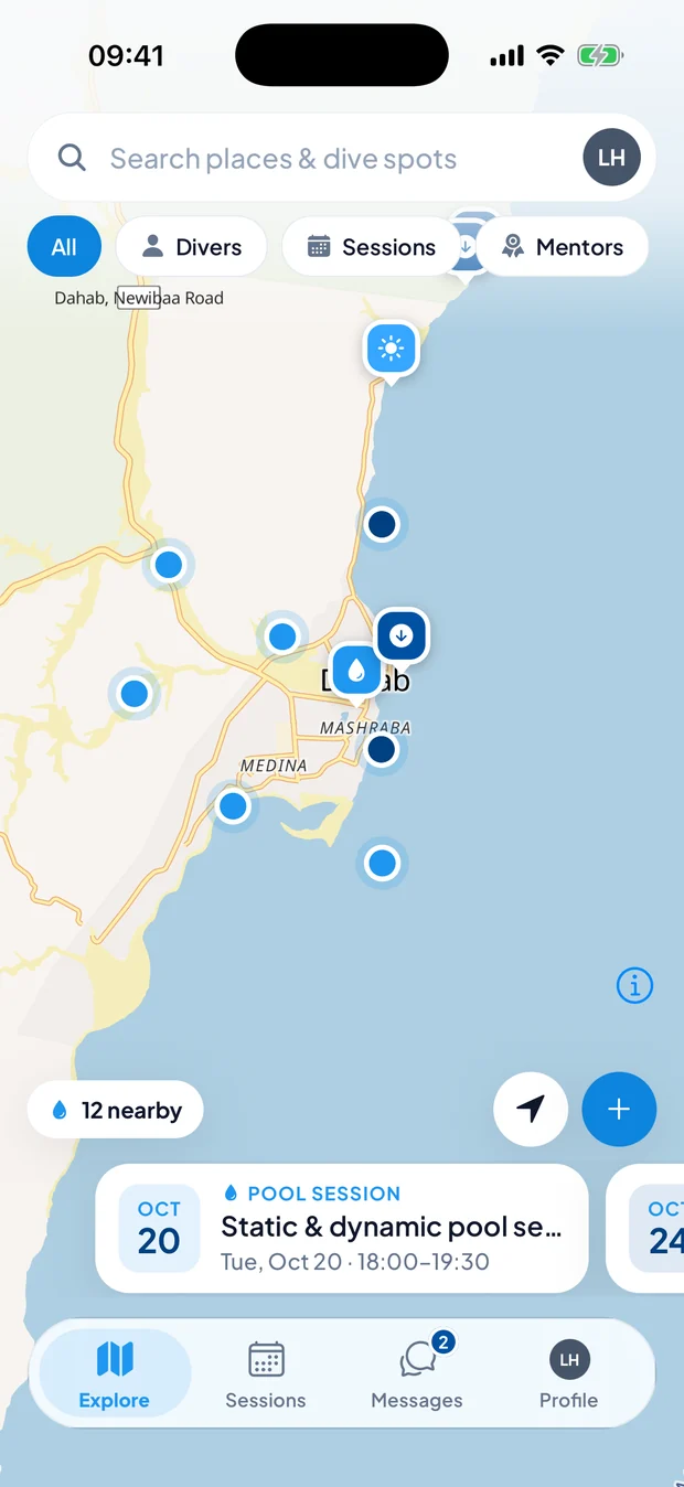 BuoyBuddy app: map of freedivers and sessions near Dahab