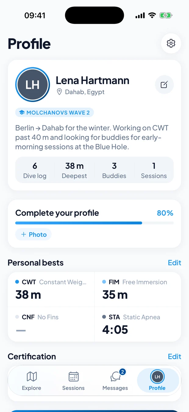 Diver profile with personal bests