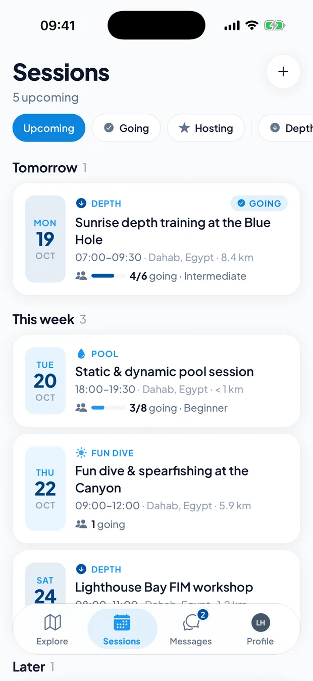 Upcoming sessions list